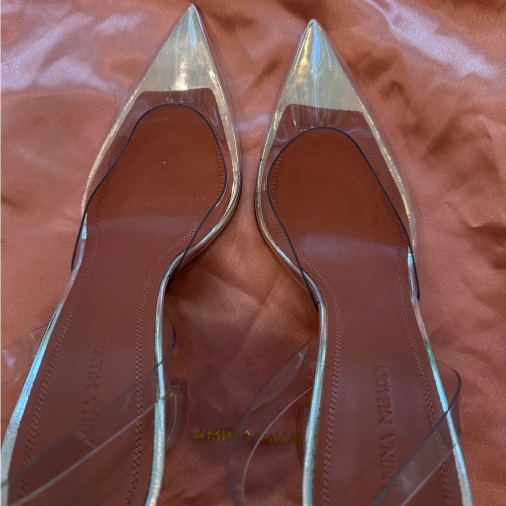 Amina Muaddi Clear PVC Slingback Pumps with Nude Insole - Picture 5 of 7